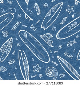 Blue and white outlines doodle surfboards vector seamless pattern