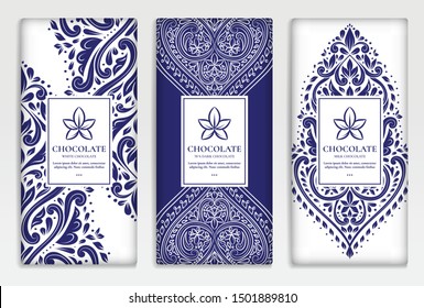 Blue and white packaging design of chocolate bars. Vintage vector ornament template. elegant, classic elements. Can be used for background, wallpaper or any desired idea.