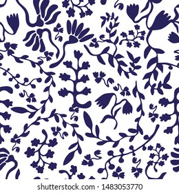 	
Patrón paisley azul y blanco con flores silvestres abstractas. Impresión floral sin inconvenientes con motivos indios. Colección textil de época.