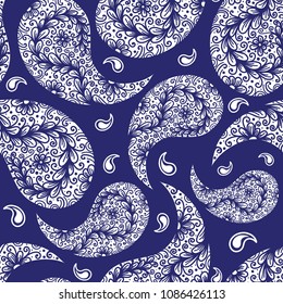 Blue and white paisley seamless pattern. Ornament illustration.Vintage. Traditional, Arabic, Turkish, Indian motifs. Great for fabric and textile, wallpaper, packaging, or any desired idea.