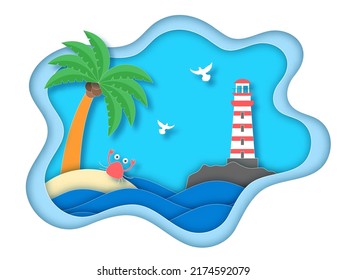 Blue And White Paper Layer Cut Background With Water Waves, Crab, Coconut Tree, Flying Birds, Lighthouse.