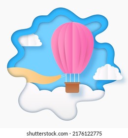 Blue And White Paper Layer Cut Background With Hot Air Balloon, Blank Flag, Clouds.