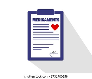 blue and white paper sheet for medicaments with red heart, prescription