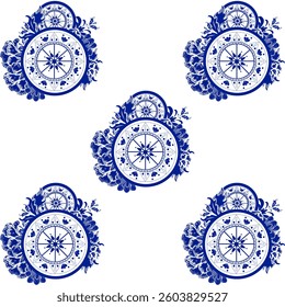 Blue and white pattern drawings arranged on a clean white background.