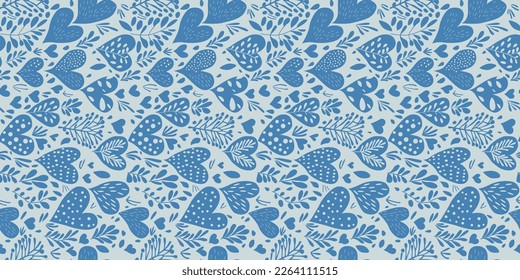 Blue white pattern. Flowers and hearts, hand drawn. Seamless vector pattern. Used for printing on the surface, fabric, wallpaper, notebooks, packaging.