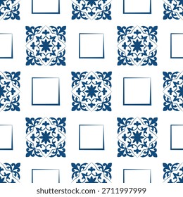 Blue and white pattern with geometric and floral Arabic elements. Vector