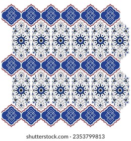 A blue and white pattern with a red border floral motif