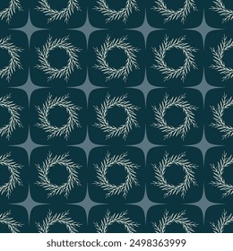 A blue and white pattern of wreaths with a blue background