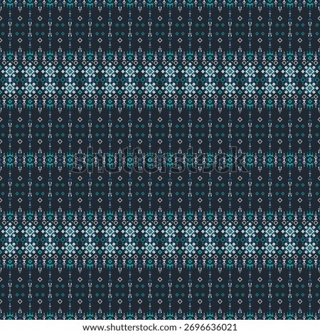 A blue and white patterned fabric with a blue stripe. The blue stripe is the most prominent color in the design