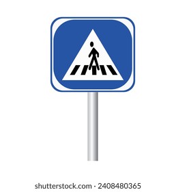 Blue and white pedestrian crossing sign on the sky background