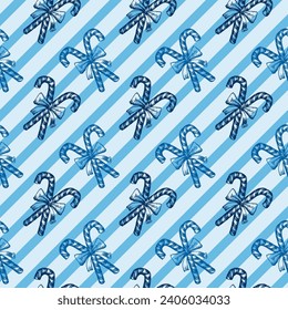 Blauer und weißer Pfefferminzkraut-Krautpfanne mit Bogen, gestreifte Diagonallinien Vektorgrafik Nahtloses Muster. Weihnachtswrapping Paper oder Scrapbook