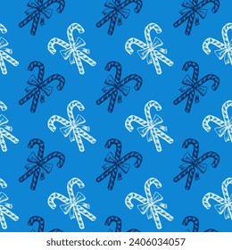 Blue and White Peppermint Candy Cane Stick with Bow Vector Seamless Pattern. Festive Xmas Wrapping Paper or Scrapbook