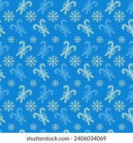 Blue and White Peppermint Candy Cane Stick with Snowflakes Vector Seamless Pattern. Festive Xmas Wrapping Paper or Scrapbook