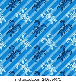 Blue and White Peppermint Candy Cane Stick with Bow, Striped Diagonal Lines Vector Seamless Pattern. Festive Xmas Wrapping Paper or Scrapbook