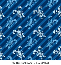 Blue and White Peppermint Candy Cane Stick with Bow, Striped Diagonal Lines Vector Seamless Pattern. Festive Xmas Wrapping Paper or Scrapbook