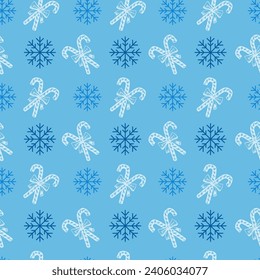 Palo de caña de caña de pimentina azul y blanca con un patrón de vectores de copos de nieve sin inconvenientes. Papel de ajuste de navidad festivo o cuaderno