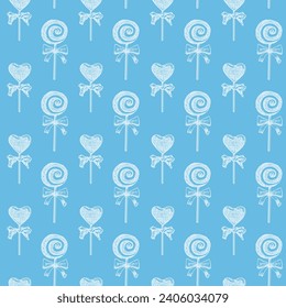 Blue and White Peppermint Candy Cane Stick with Bow, Heart Shape, Pine Tree Cookies Biscuits Vector Seamless Pattern. Festive Xmas Wrapping Paper or Scrapbook