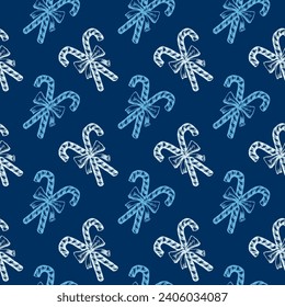 Patrón transparente vector de canas de caña de caña de caña azul y blanco. Papel de ajuste de navidad festivo o reserva de ortografía