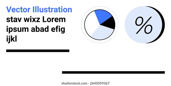 Blue, white pie chart and percentage symbol with placeholder text. Ideal for business analytics, financial reports, data presentation, educational material, infographics, marketing campaigns