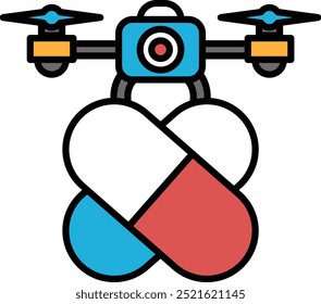 A blue and white pill with a red and blue drone on top. The drone is holding the pill, which could represent the idea of medicine or health. The image has a playful and whimsical mood
