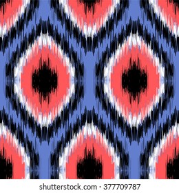 Blue, white, pink and black color Ikat Ogee. Seamless vector Background Pattern