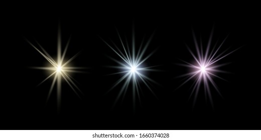Azul blanco y rosa La luz produce efectos claros. El resplandor estalla aislado en un fondo negro. Ilustración del efecto de la luz flash