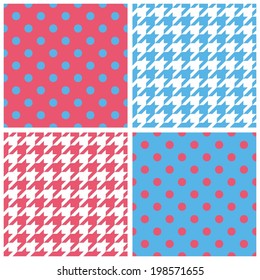 Blue, white and pink tile vector background set. Houndstooth and polka dots seamless pattern collection.