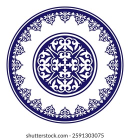 Blue white plate with lace design. Vintage, ethnic vector frame with arabesques. Beautiful round frame with a large pattern in the center. For round surfaces, household utensils, embroidery, engraving