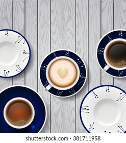  Blue and white plates with flowers ornament. Set of color dishes and  Hot Coffee cup with foam in the form of heart and tea on wooden vector background
