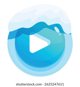 Blue and white play button covered with snow symbolizing winter holidays video streaming