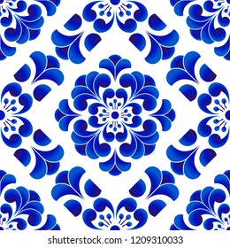 Blue And White Porcelain Flower Pattern Chinese And Japanese Style, Ceramic Floral Seamless Background, Beautiful Tile Design, Vector Illustration