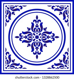 Blue and white porcelain flower pattern Chinese and Japanese style, ceramic seamless background, ceiling design, Big floral element in center is frame, beautiful tile design, vector illustration