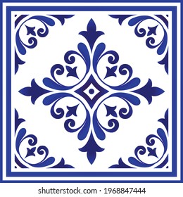 Blue and white porcelain flower pattern damask and victorian style, ceramic seamless background, ceiling, Big floral element in center is frame, beautiful tile design, baroque art element, vector