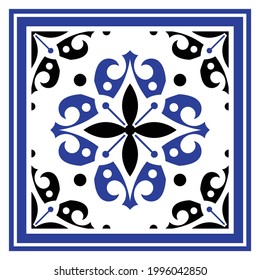 Blue and white porcelain flower pattern damask and victorian style, ceramic seamless background, ceiling, Big floral element in center is frame, beautiful tile design, baroque art element, vector