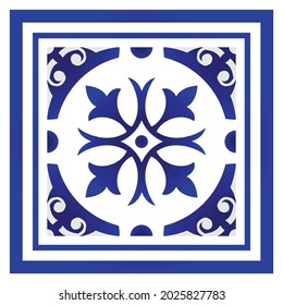 Blue and white porcelain flower pattern damask and victorian style, ceramic seamless background, ceiling, Big floral element in center is frame, beautiful tile design, baroque art element, vector