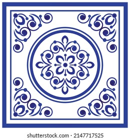 Blue and white porcelain flower pattern Chinese and Japanese style, ceramic seamless background, ceiling design, Big floral element in center is frame, beautiful tile design, vector illustration