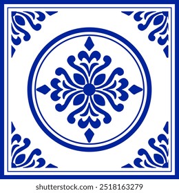 Blue and white porcelain flower pattern ceramic floral seamless background, beautiful tile design, vector illustration