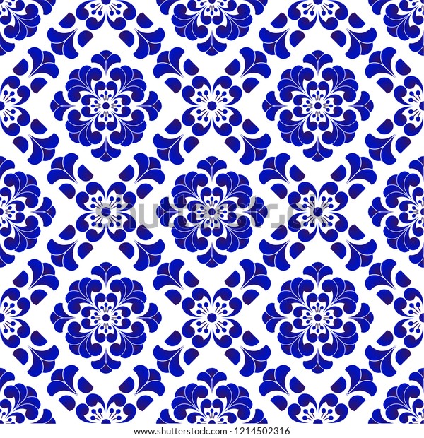 青と白の磁器の花柄中国と和風 セラミックの花のシームレスな背景 美しいタイルデザイン ベクターイラスト のベクター画像素材 ロイヤリティフリー
