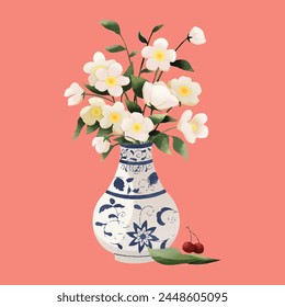 Blue And White Porcelain Vase Filled With Flowers And A Cherry Next To It