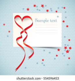 Blue white postcard with text field and red heart ribbon on blue textural background with colorful stars flat vector illustration