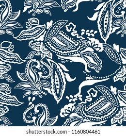 Blue and white print. Seamless vector pattern with paisleys, leaves, flowers and other floral elements inspired by Turkish folk art. Ethnic textile collection.