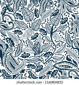 Blue and white print. Seamless vector pattern with paisleys, leaves, flowers and other floral elements inspired by oriental folk art. Ethnic textile collection.