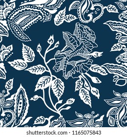 Blue and white print. Seamless vector pattern with blooming roses, paisleys, leaves and other floral elements inspired by Spanish art. Indigo textile collection.