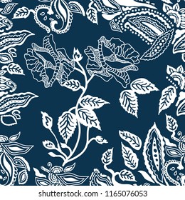 Blue and white print. Seamless vector pattern with lacy roses, paisleys, leaves and other floral elements inspired by Spanish art. Indigo textile collection.