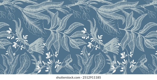 Blue and white print. Seamless vector pattern with roses, paisleys, leaves and other floral elements inspired by Spanish art. Indigo textile collection.