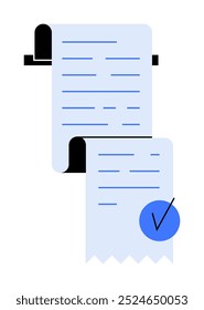 Recebimentos impressos em azul e branco com marca de seleção significam transações precisas. Ideal para contabilidade, finanças, registros de negócios, auditorias e recibos. Estilo moderno simples.