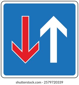 Blue and white priority road sign indicating upward direction of travel has priority over downward direction.