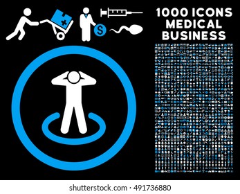 Blue And White Prisoner vector bicolor rounded icon. Image style is a flat icon symbol inside a circle, black background. Bonus set has 1000 healthcare business design elements.