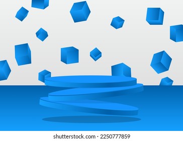 Blue, White product display. Vector 3D room, cylinder pedestal podium. Stage showcase for presentation. Futuristic Sci-fi minimal geometric forms, empty scene.