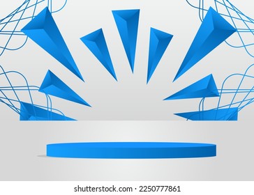 Blaue, weiße Produktanzeige. 3D-Vektorraum, Zylinder-Podium. Stage-Showcase für die Präsentation. Futuristische Sci-fi minimale geometrische Formen, leere Szene.